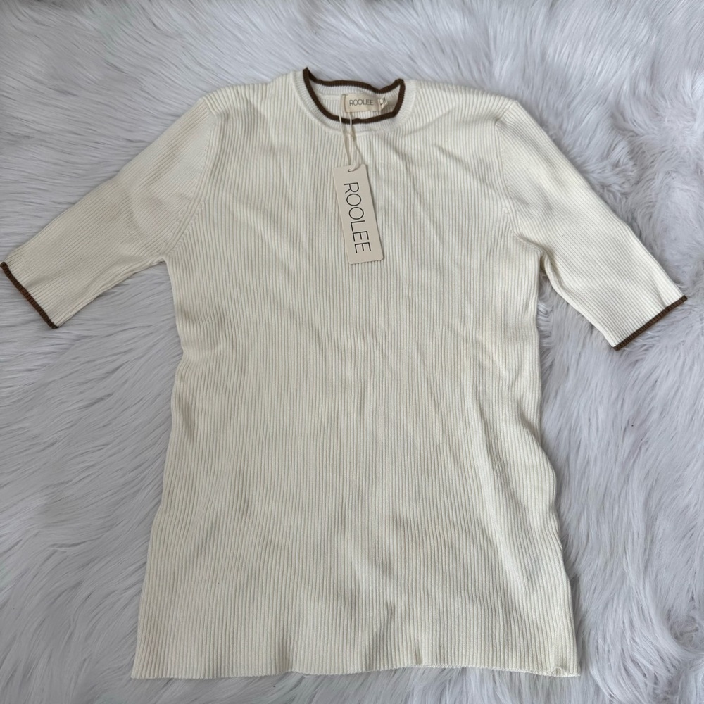 ROOLEE Cream and Brown Ribbed Knit Top